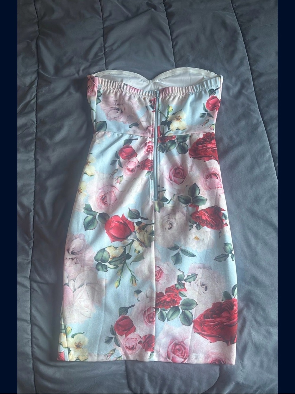 Strapless Floral Bodyconu Dress - White with Red & Pink Roses - Picture 2 of 2